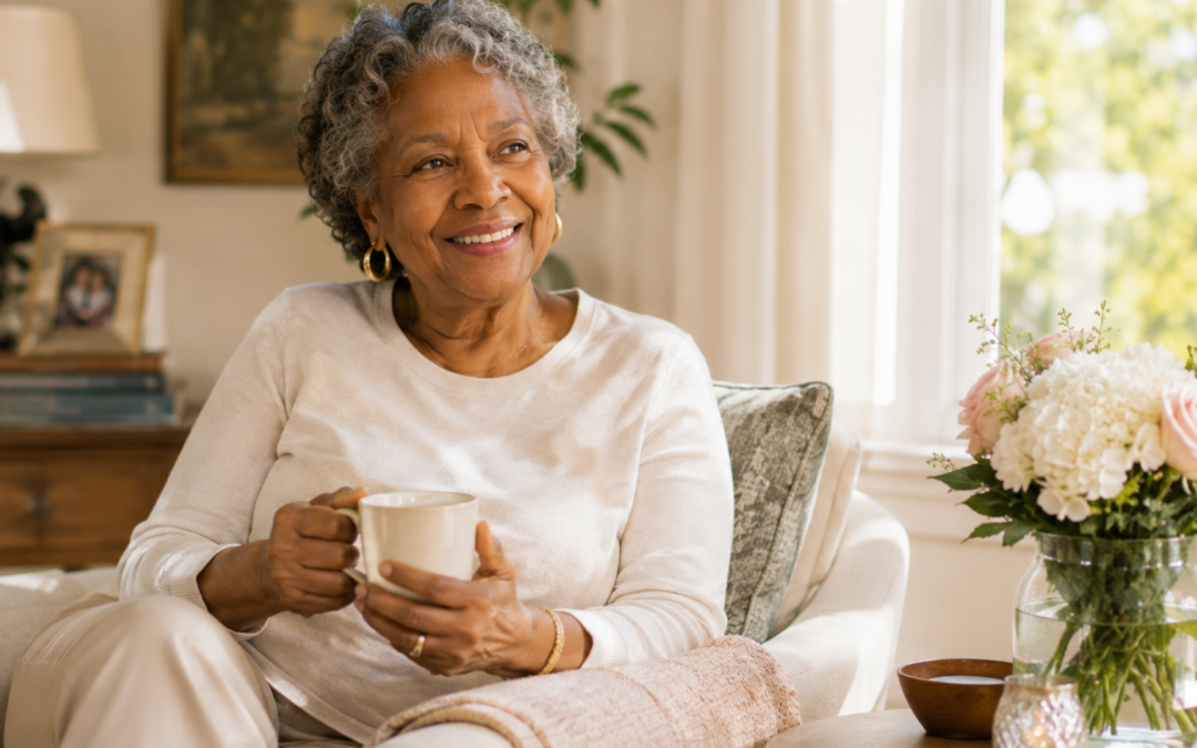downsizing Chicago smiling woman relaxing in cozy smaller home with coffee
