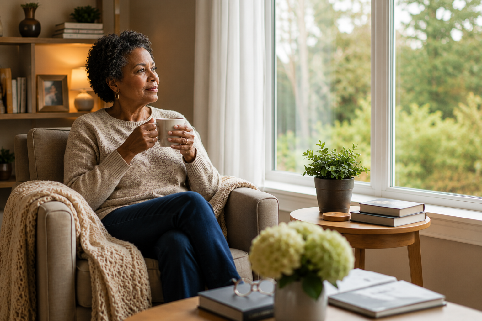Older woman relaxing at home while planning her next steps for retirement and aging in place