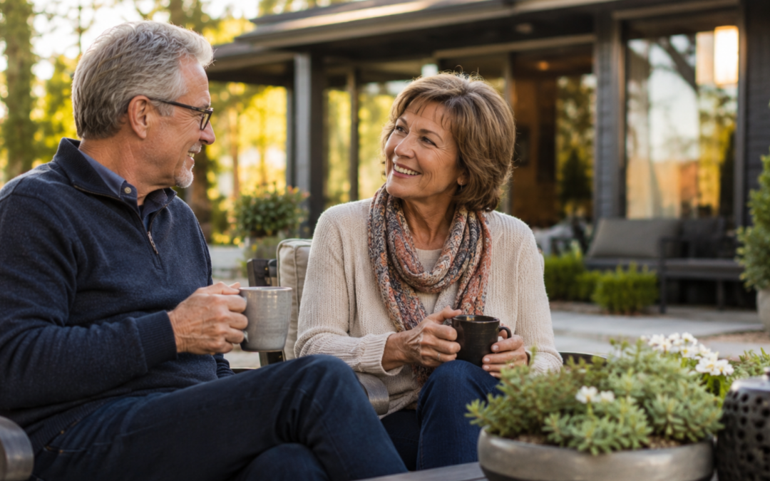 Older couple chatting on the patio enjoying a cup of coffee