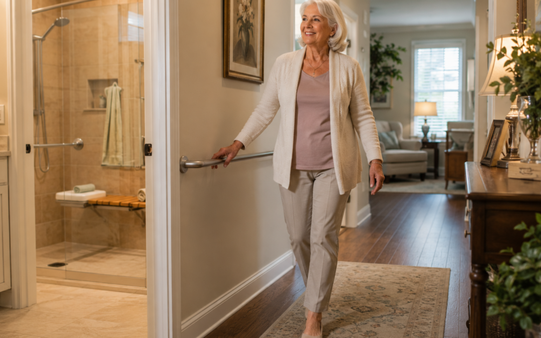 aging in place Chicago older woman walking confidently through modified home with grab bars and bright lighting