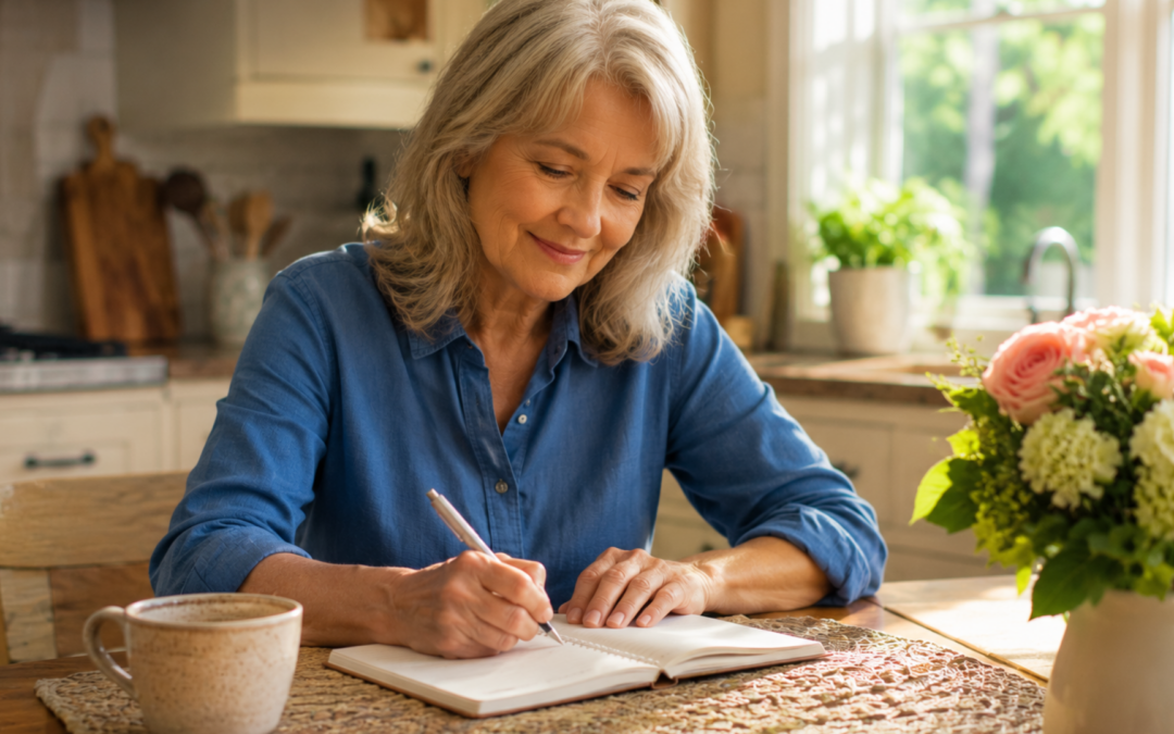next chapter Chicago woman smiling thoughtfully writing in notebook at sunny kitchen table