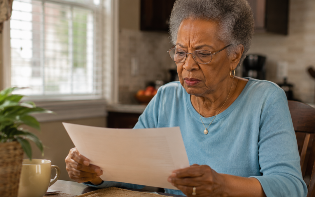 senior fraud Chicago older woman carefully reviewing suspicious document at kitchen table at home