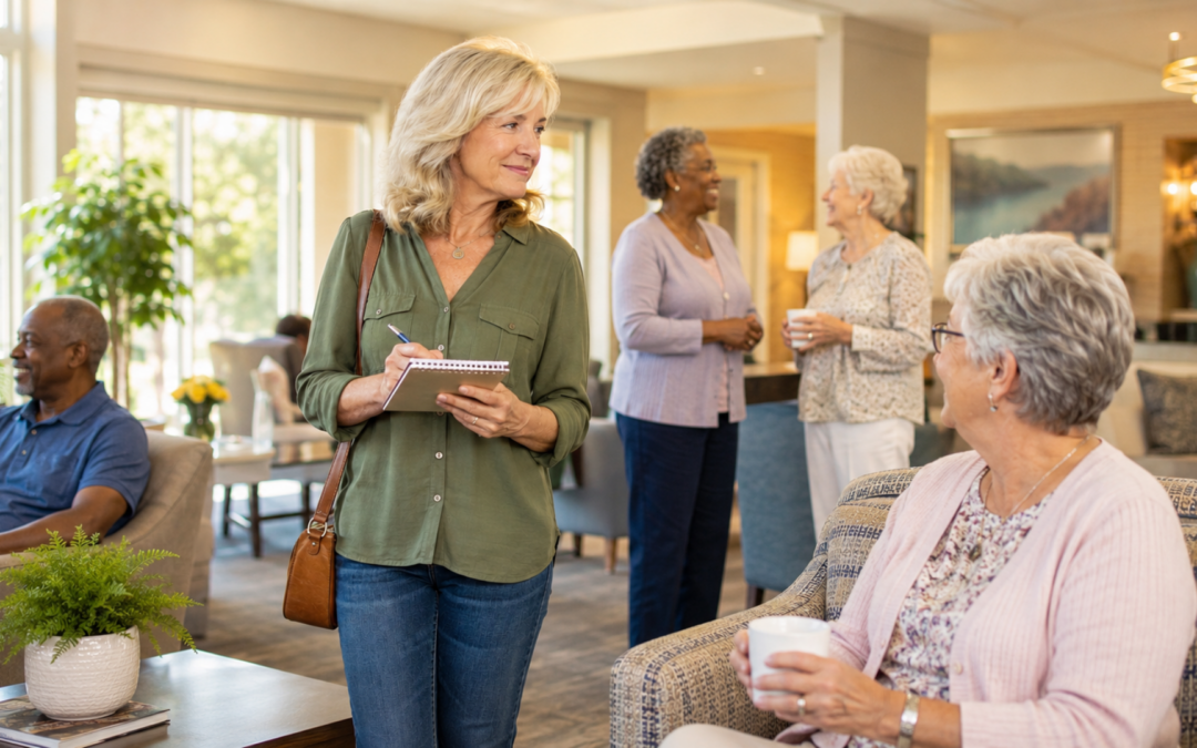 55+ community Chicago woman touring clubhouse with notepad, curious and unposed moment during a community visit