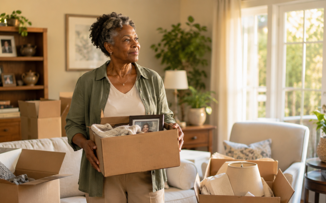declutter South Suburbs woman standing calmly in partly packed living room with open moving boxes nearby