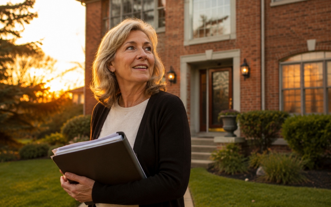 Chicago home value homeowner reviewing paperwork outside her South Suburbs home in golden evening light, looking surprised and hopeful