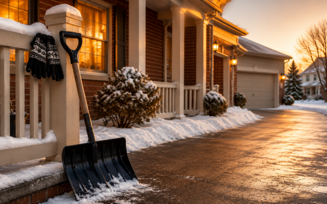 South Suburbs seniors snow shovel and gloves resting on a porch with a cleared driveway in warm evening light