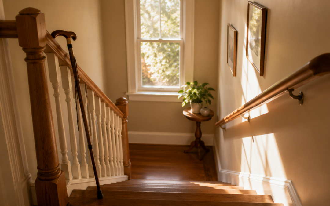 Downsizing conversation Chicago staircase in warm afternoon light