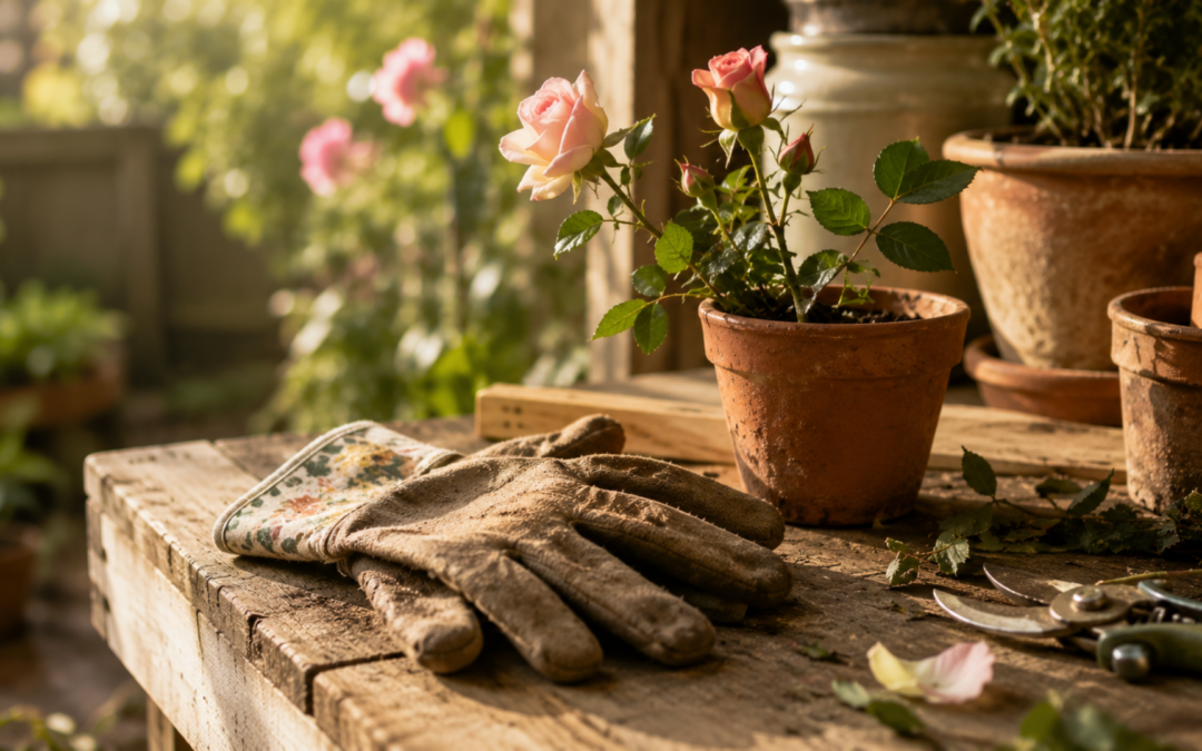 South Suburbs garden gloves and rose cuttings in morning light