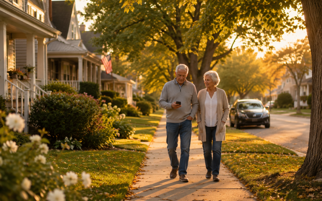 South Suburbs relocation couple walking a tree lined suburban street testing the neighborhood before buying